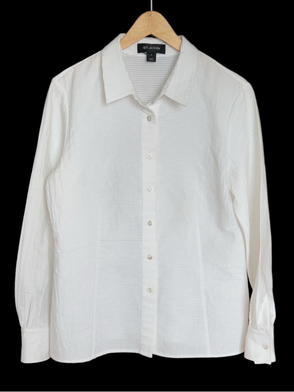 St. John Textured Horizontal Striped Button Up Blouse Long Sleeve White Size 8